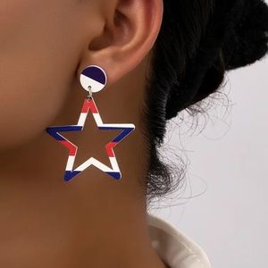 White resin large hollow star USA flag colors drop patriotic earrings women